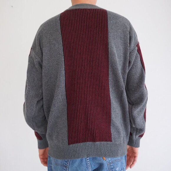 Vtg '80s Pacific Coast Gray Maroon Biggie Cosby Eclectic Knit Crewneck Sweater L - Picture 2 of 9